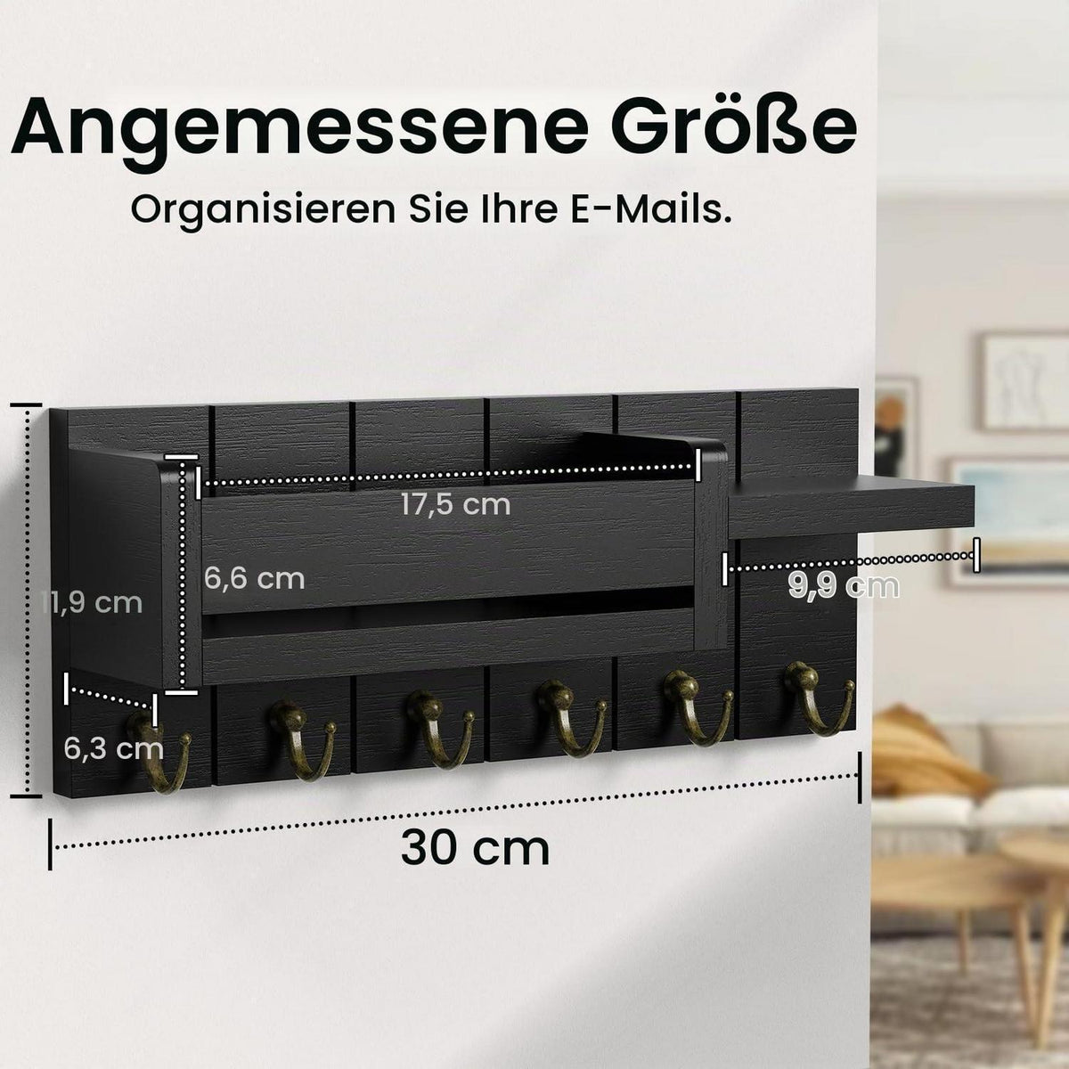 Schlüsselbrett Holz mit Ablage und 6 Haken, Schwarz