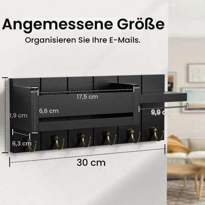 Schlüsselbrett Holz mit Ablage und 6 Haken, Schwarz