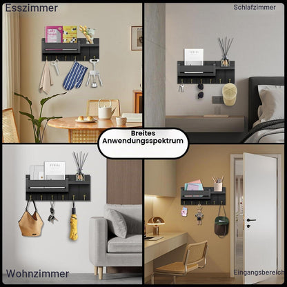 Schlüsselbrett Holz mit Ablage und 6 Haken, Schwarz