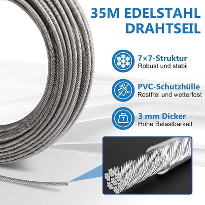 Stahlseil Set 35m mit Spannern & Haken für Rankhilfe, Wäscheleine, Sonnensegel