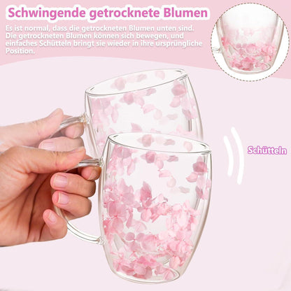 Doppelwandige Kaffeetasse mit getrockneten Blumen - Rosa Teetasse mit Griff