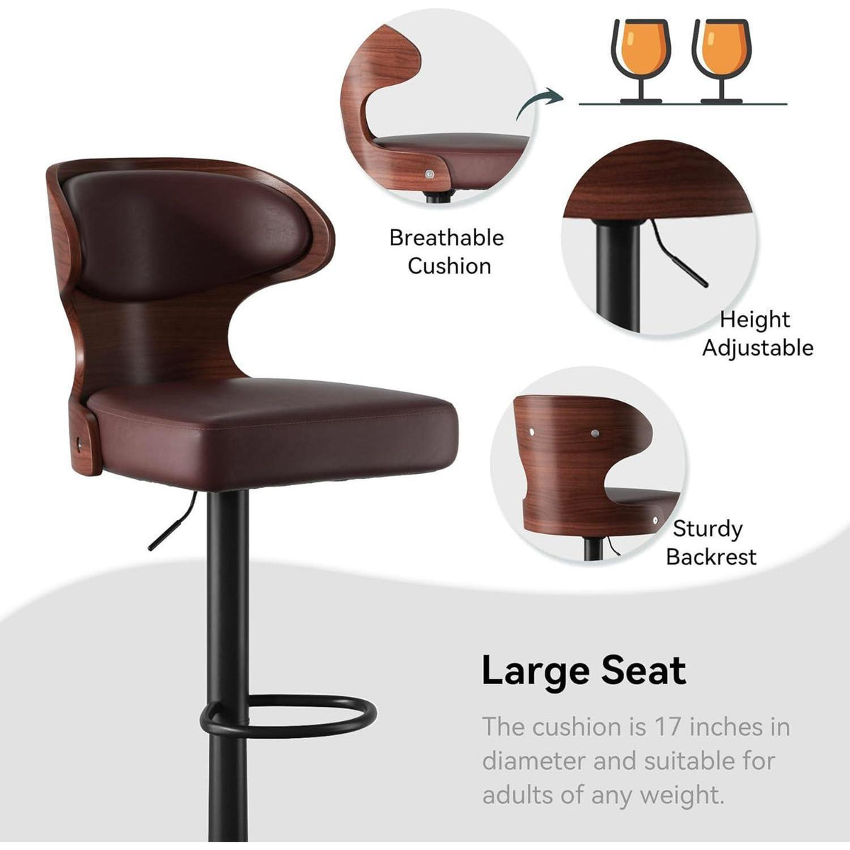 Barhocker 4er Set mit Rückenlehne und Fußstütze, drehbar, Nussbaumholz Braun