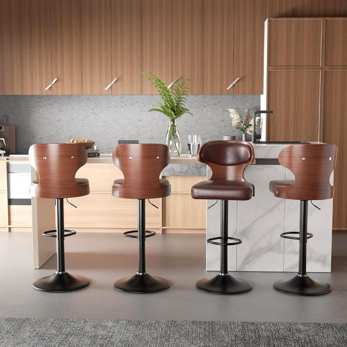 Barhocker 4er Set mit Rückenlehne und Fußstütze, drehbar, Nussbaumholz Braun