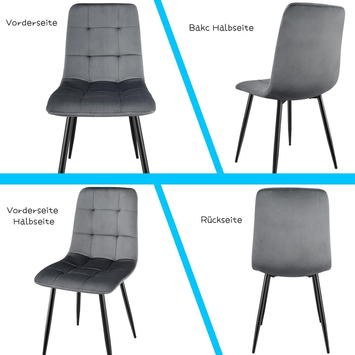 Gepolsterte Esszimmerstühle 2er Set, Dunkelgrau, Samt & Metall