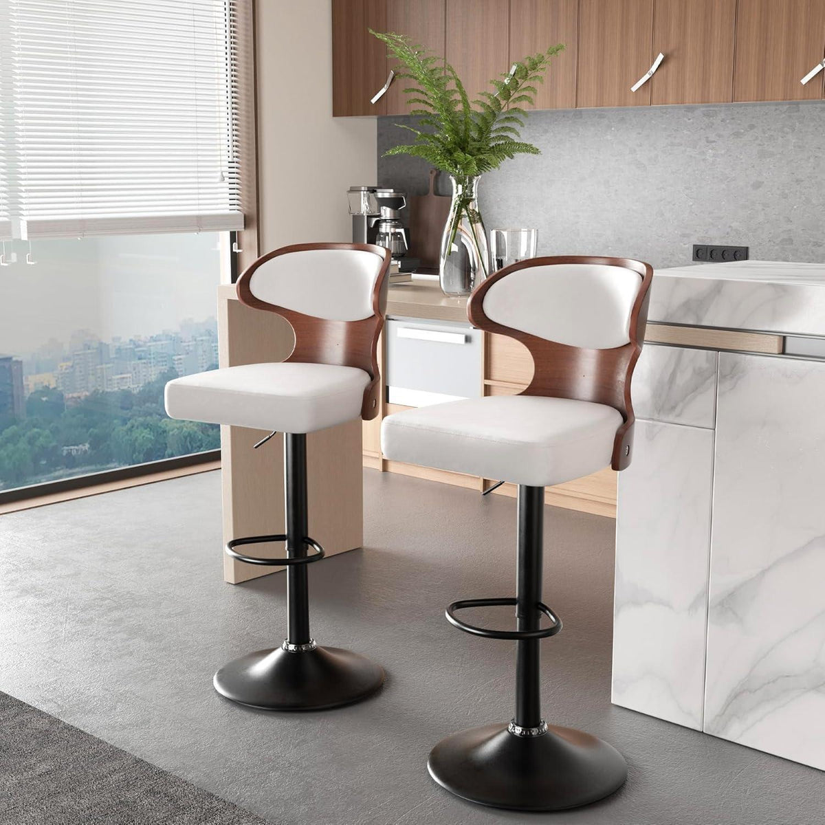 Barhocker 4er Set mit Rückenlehne und Fußstütze | Weiß Nussbaumholz