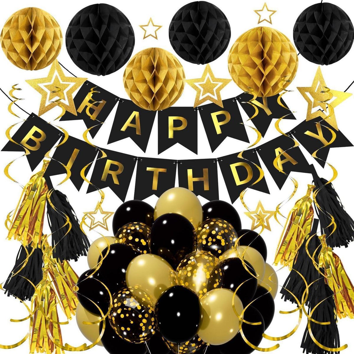 Schwarz Gold Geburtstag Deko Set – Girlande, Wabenball, Quaste