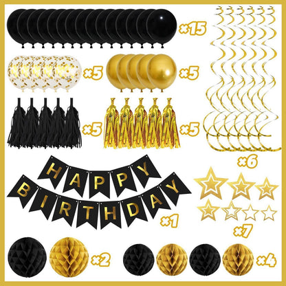 Schwarz Gold Geburtstag Deko Set – Girlande, Wabenball, Quaste