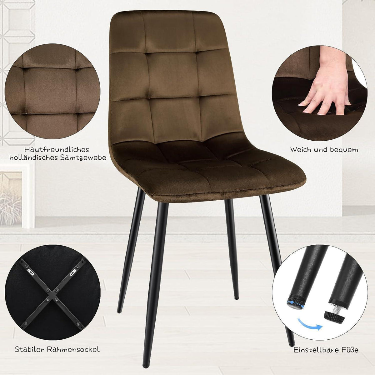 Gepolsterte Esszimmerstühle 4er Set, Samt & Metallfuß Braun