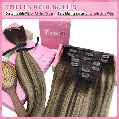 Clip-in Echthaar Extensions Ombre Braun Aschblond 55cm