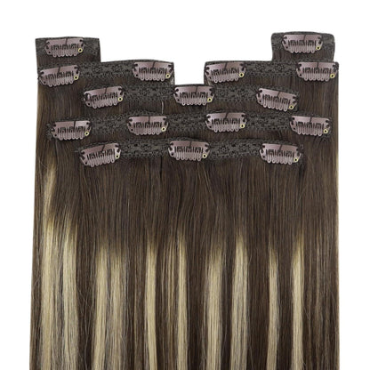 Clip-in Echthaar Extensions Ombre Braun Aschblond 55cm