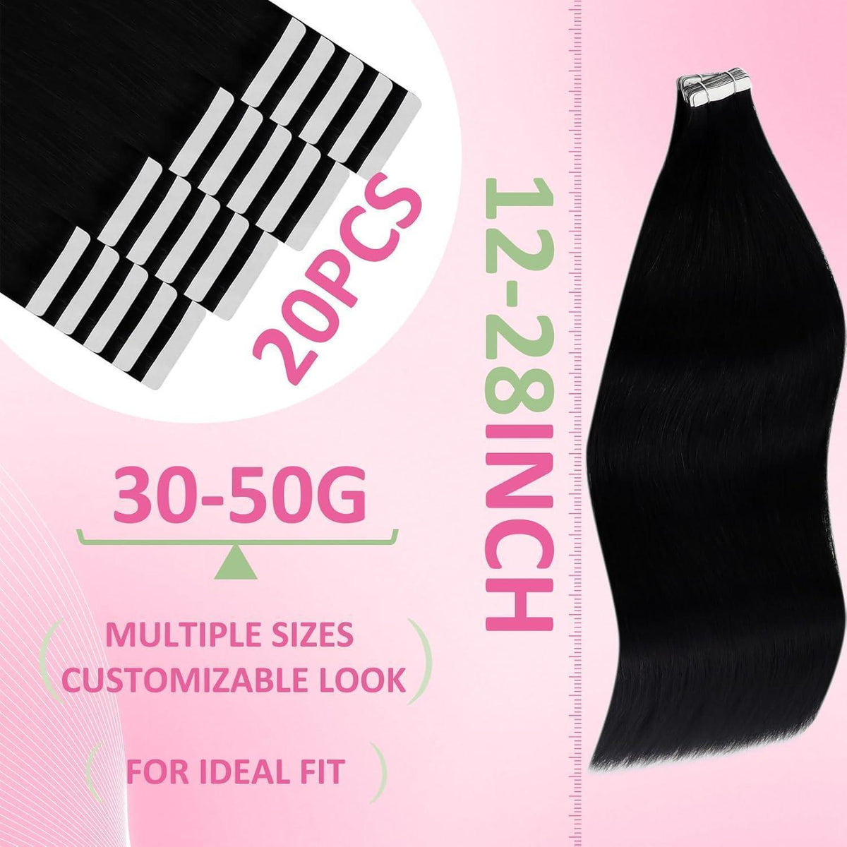 Echthaar Tape Extensions Schwarz 65 cm – Remy Haare