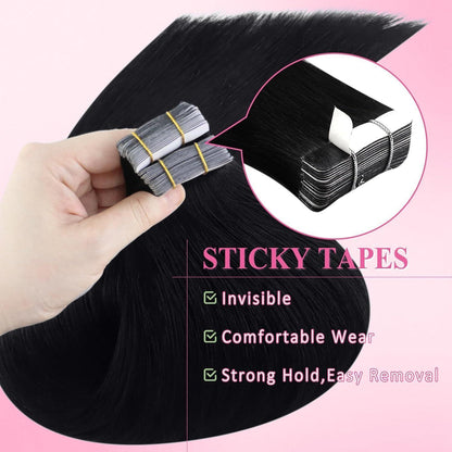 Echthaar Tape Extensions Schwarz 65 cm – Remy Haare