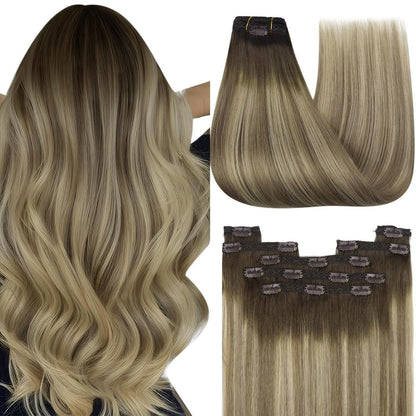 Clip-in Echthaar Extensions Braun Balayage Blond 50cm