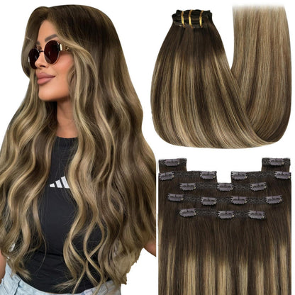 Echthaar Clip-in Extensions Ombre Dunkelbraun Aschblond 35cm