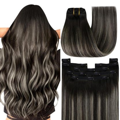 Echthaar Clip-in Extensions Ombre Schwarz Silber 35cm