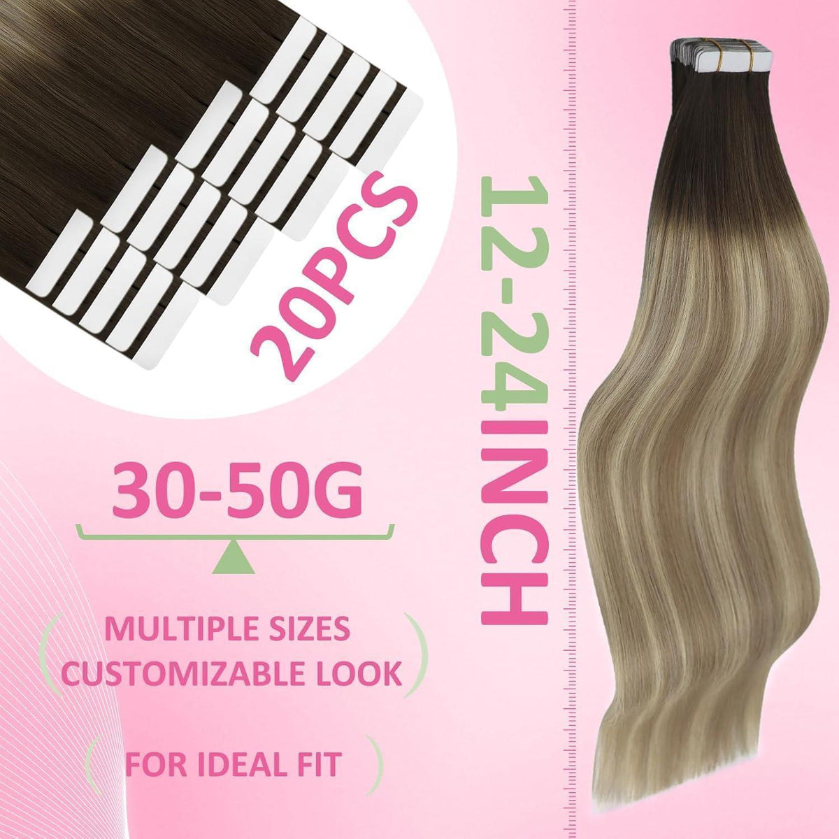 Echthaar Tape Extensions Braun Balayage Blond 35cm