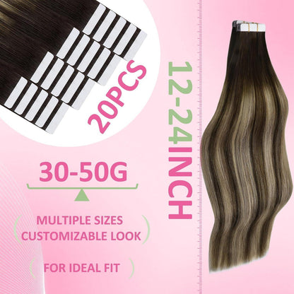 Echthaar Tape-In Extensions Ombre Dunkelbraun Blond 40cm