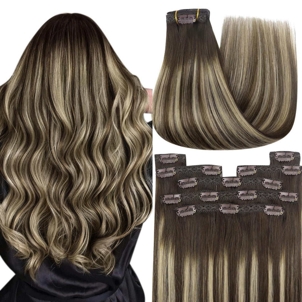 Echthaar Clip-In Extensions Ombre Dunkelbraun Aschblond 40cm