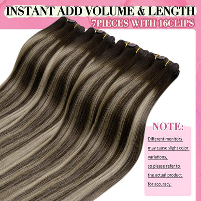 Echthaar Clip-In Extensions Ombre Dunkelbraun Aschblond 40cm