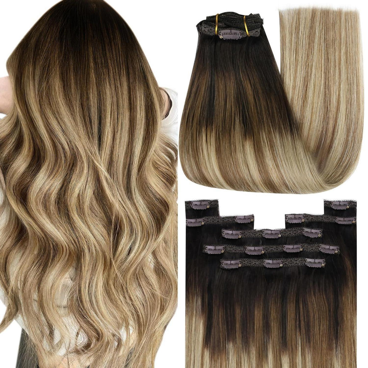 Echthaar Clip-in Extensions Braun Balayage 55cm