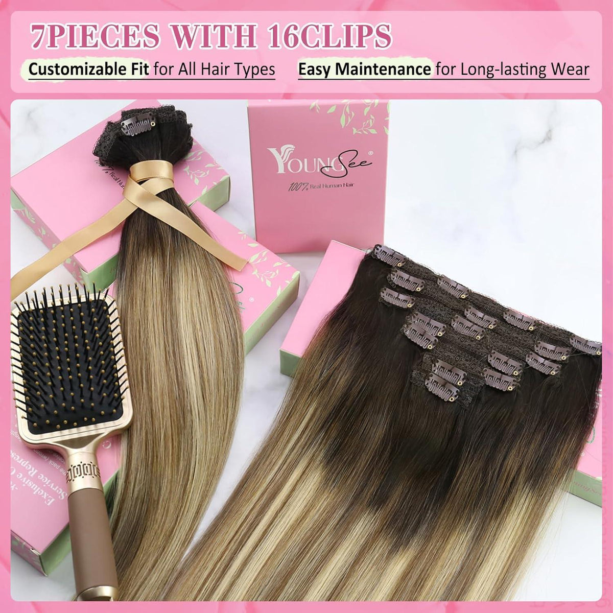 Echthaar Clip-in Extensions Braun Balayage 55cm