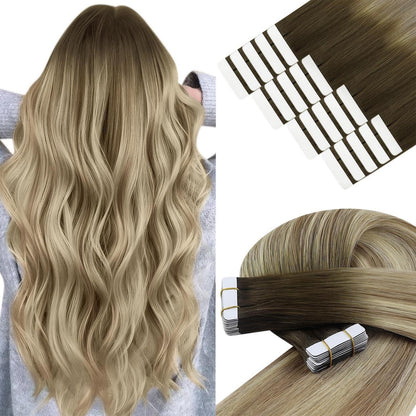 Echthaar Tape Extensions Balayage Braun Blond 40cm