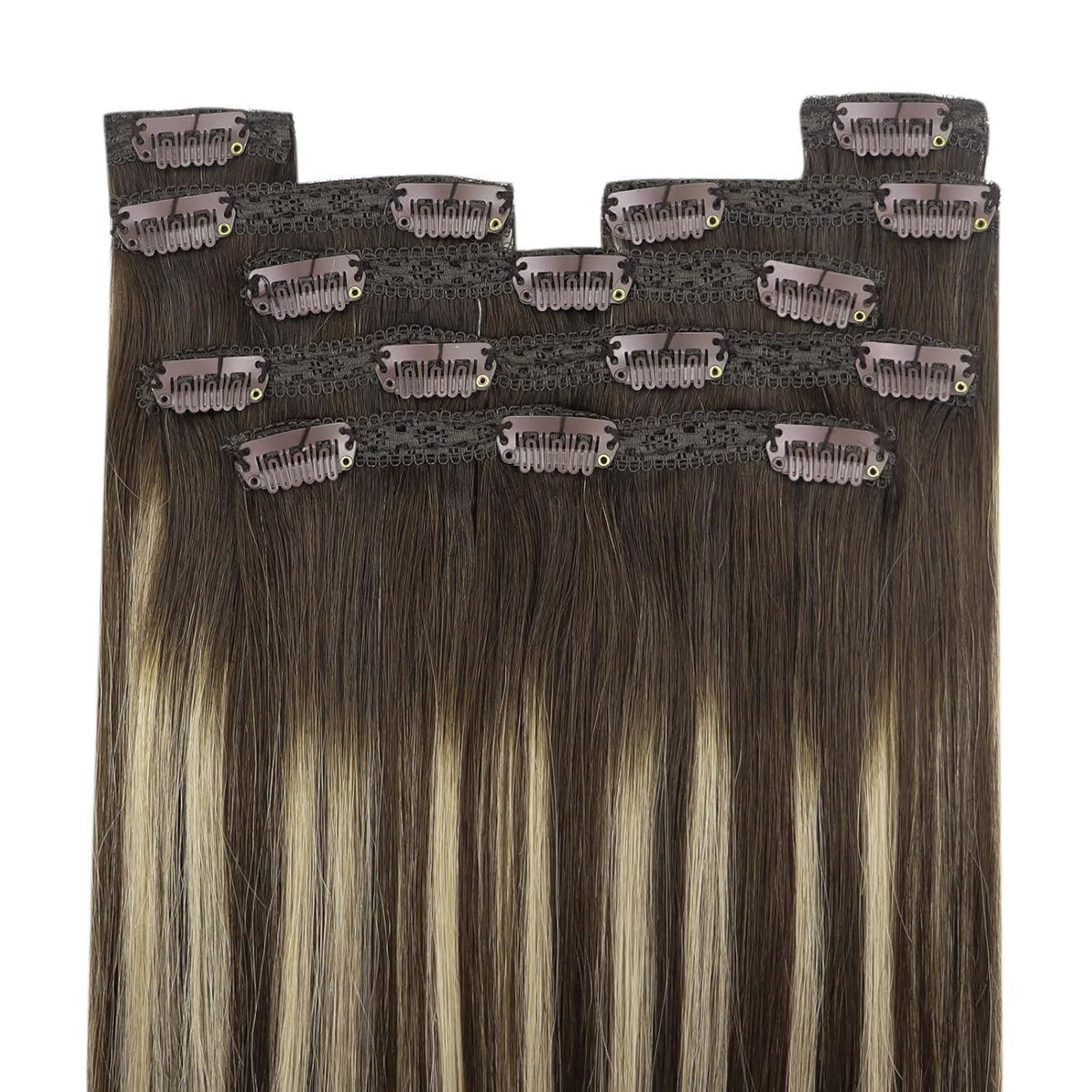 Clip-in Echthaar Extensions Ombre Dunkelbraun-Aschblond 45cm