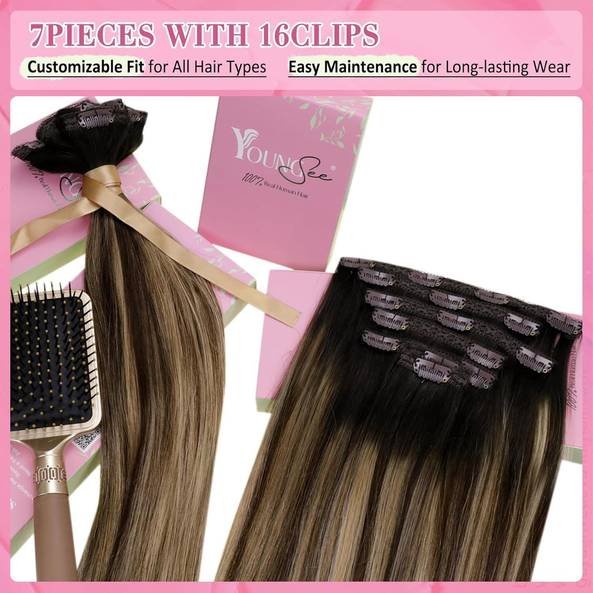 Clip-in Echthaar Extensions Balayage Schwarz Braun Blond