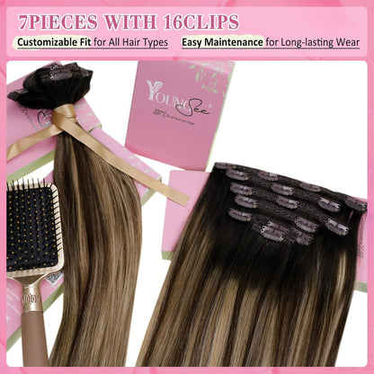 Clip-in Echthaar Extensions Balayage Schwarz Braun Blond