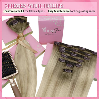 Echthaar Clip-in Extensions Ombre Aschblond Platinblond 55cm