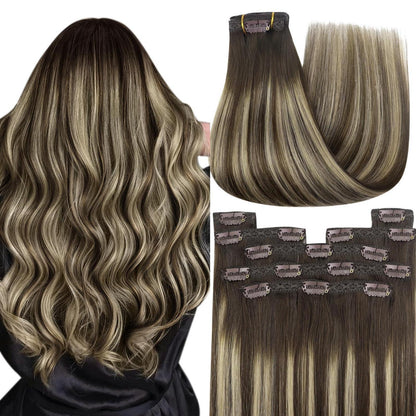 Clip-in Echthaar Extensions Ombre Dunkelbraun Blond 35cm