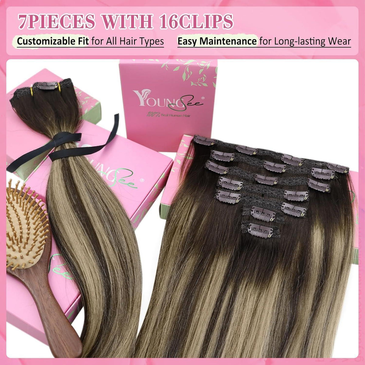 Clip-in Echthaar Extensions Ombre Dunkelbraun Blond 35cm