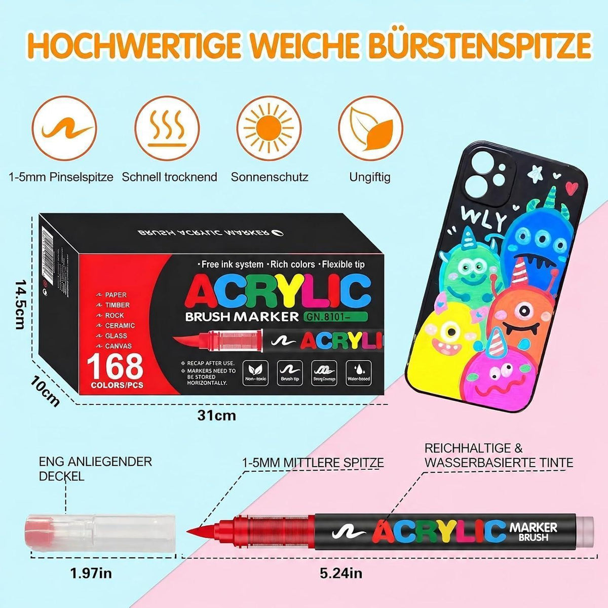 168 Acrylstifte Set Wasserfest für Stein, Holz & Co.
