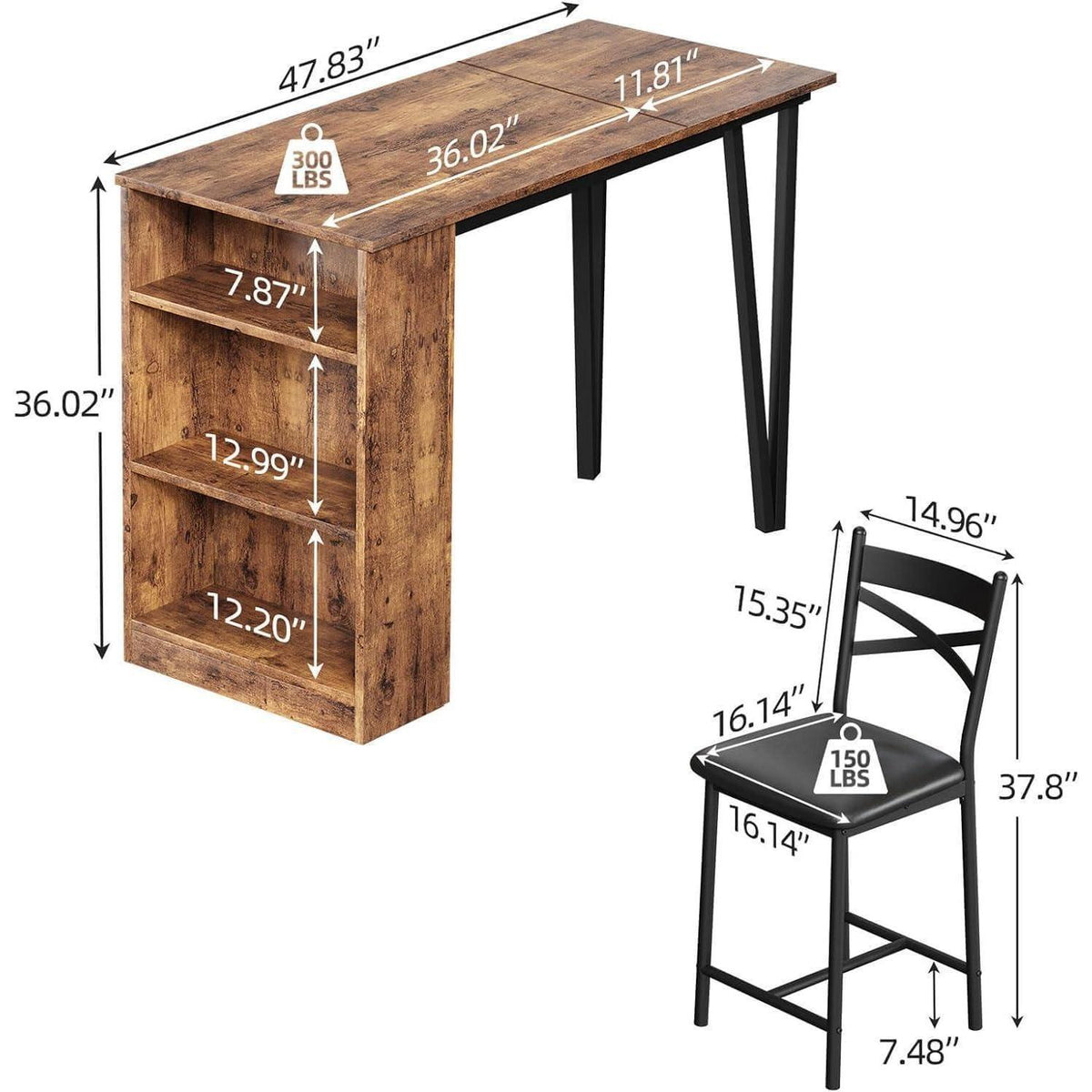 3-teiliges Bartisch Set mit Klapptisch & Barhockern Industriell