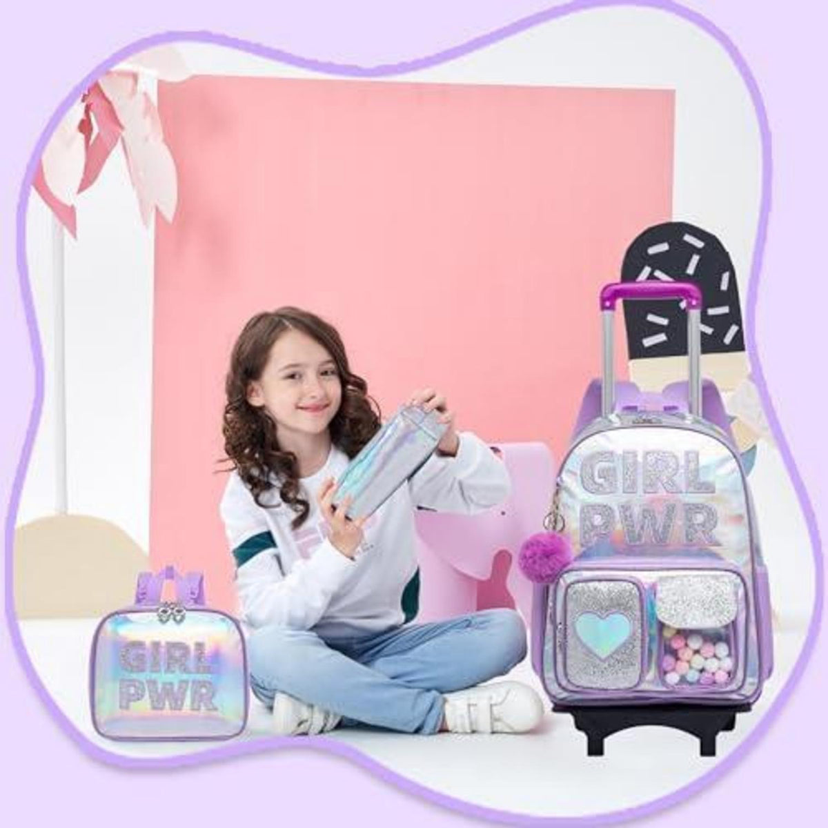Trolley Rucksack Mädchen Lila – 3in1 Schultasche mit Rollen & Zubehör