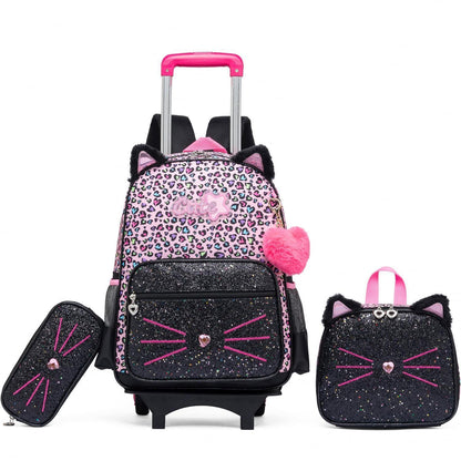Trolley Schulranzen Mädchen – Rucksack mit Rollen Schwarz Rosa Katzen