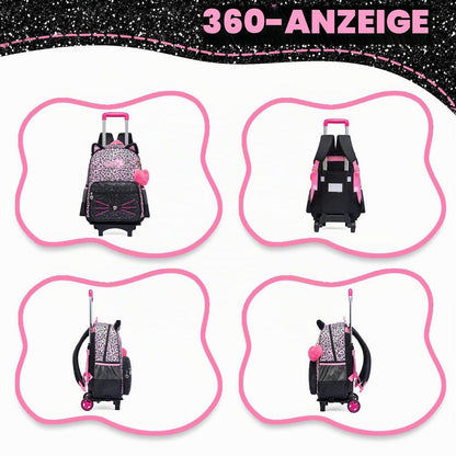 Trolley Schulranzen Mädchen – Rucksack mit Rollen Schwarz Rosa Katzen