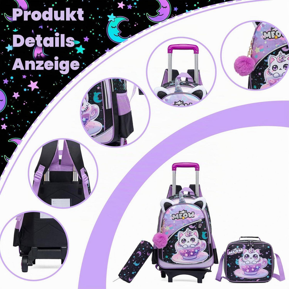 Trolley Schulranzen Mädchen Schwarz Lila Katzen – Set mit Lunchtasche