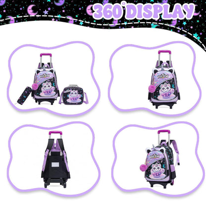 Trolley Schulranzen Mädchen Schwarz Lila Katzen – Set mit Lunchtasche