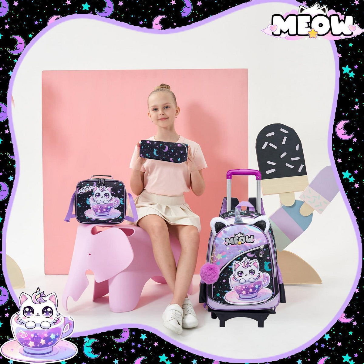 Trolley Schulranzen Mädchen Schwarz Lila Katzen – Set mit Lunchtasche