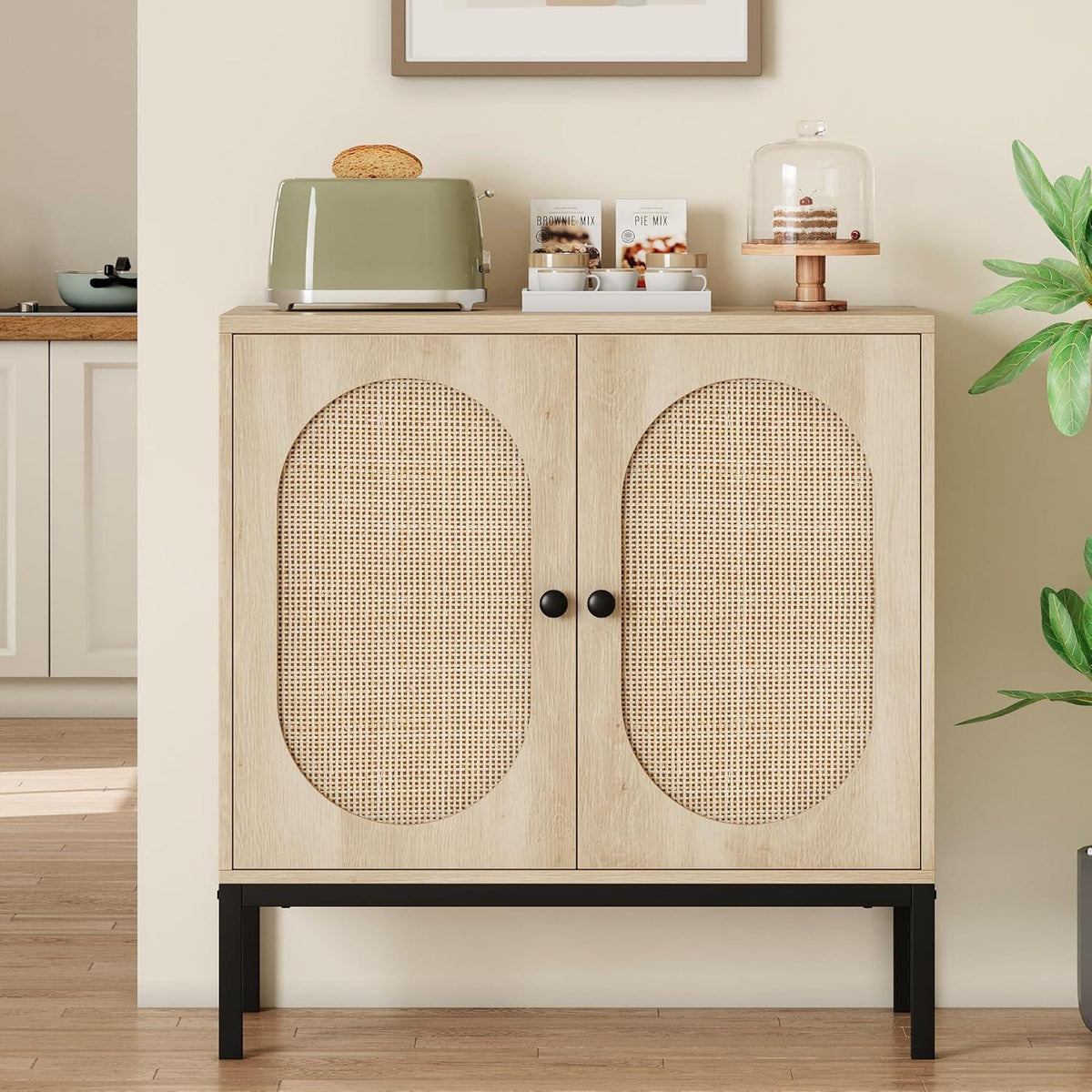 Rattan Sideboard mit 2 Türen & Verstellbarem Regal – Küchenschrank 80x40x83cm