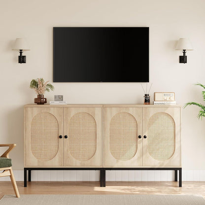 Rattan Sideboard mit 2 Türen & Verstellbarem Regal – Küchenschrank 80x40x83cm