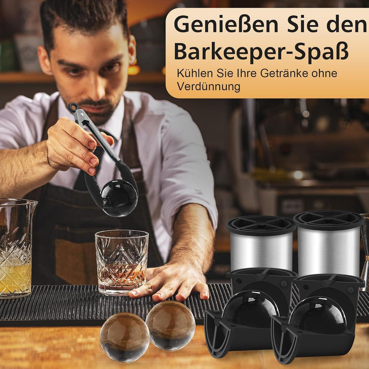 Eiswürfelbereiter Edelstahl - Kristallklare Eiskugeln (8er Pack)
