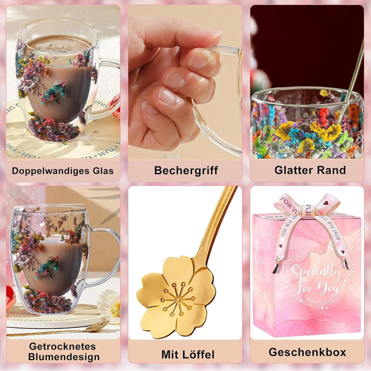 Doppelwandige Kaffeetasse mit getrockneten Blumen – Teetasse mit Griff