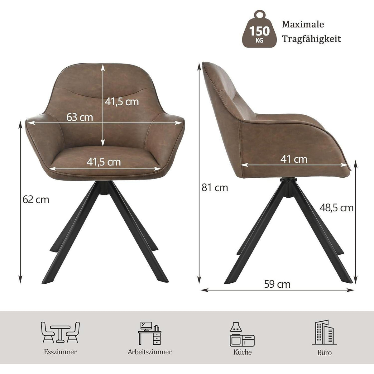 Drehbarer Esszimmerstuhl mit Armlehne – Dunkelbraun 2er Set
