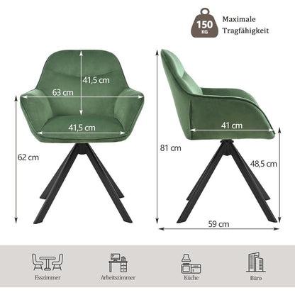 Drehstuhl Esszimmer 4er Set Samt Grün mit Armlehne
