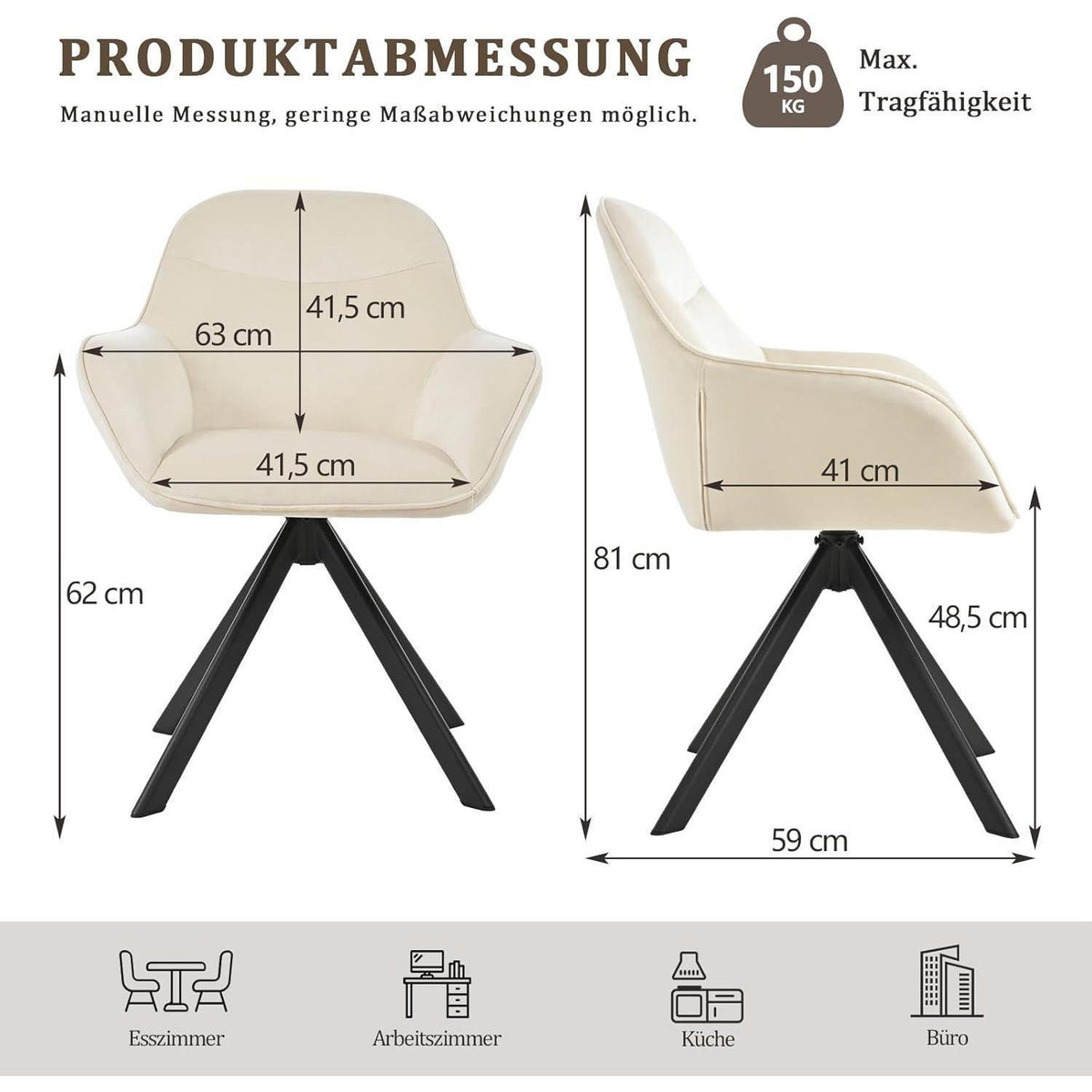 Drehbarer Esszimmerstuhl Set 4er – Cremeweißer Samtstuhl mit Armlehnen