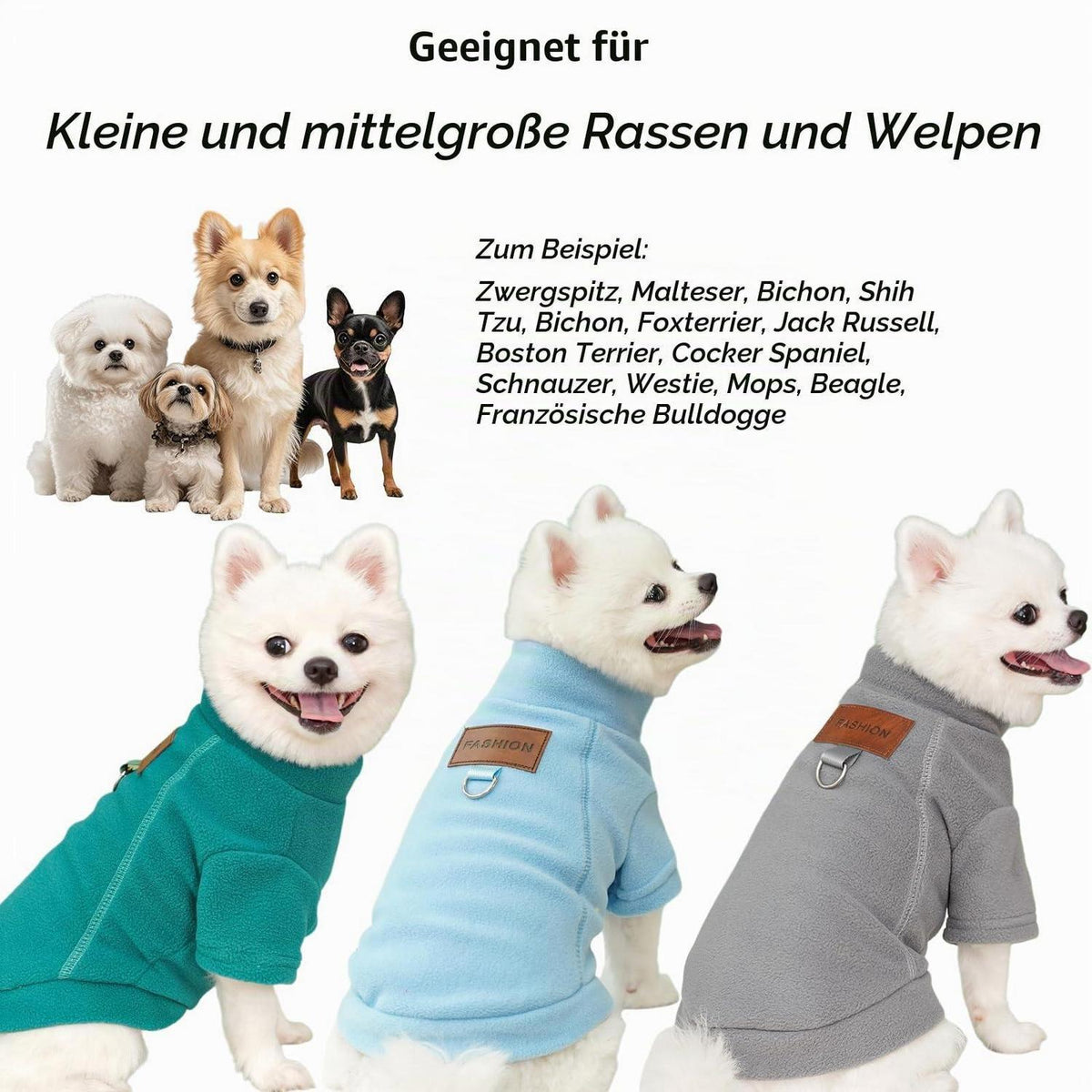 2er/3er Fleece Hundepullover – Warmer Rollkragen Sweater für kleine Hunde (Grau, Grün, Blau, S)