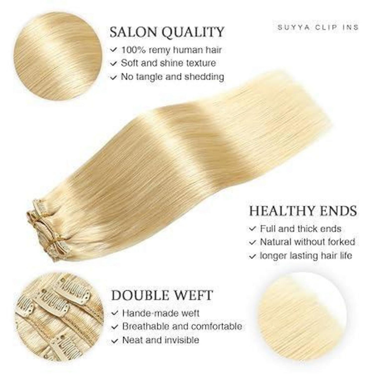 Echthaar Clip-In Extensions Gerade #613 Bleichblond 22 Zoll