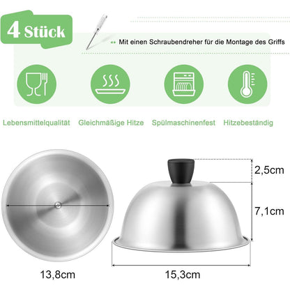 Burgerglocken Edelstahl 4er Set mit Griff, 15,2 cm